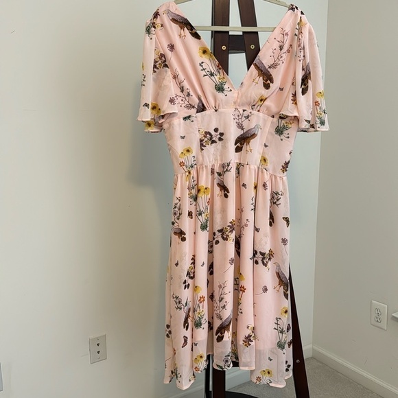 Retro Stage Dresses & Skirts - NWT Retro Stage VTG Style Flutter Sleeve V Neck Floral Bird Pink Dress Sz XXL